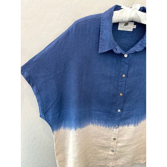 FABULOUS! | 100% Linen Blue Tan Ombre Beach Oversized Button Down Shirt | XL - Picture 3 of 7